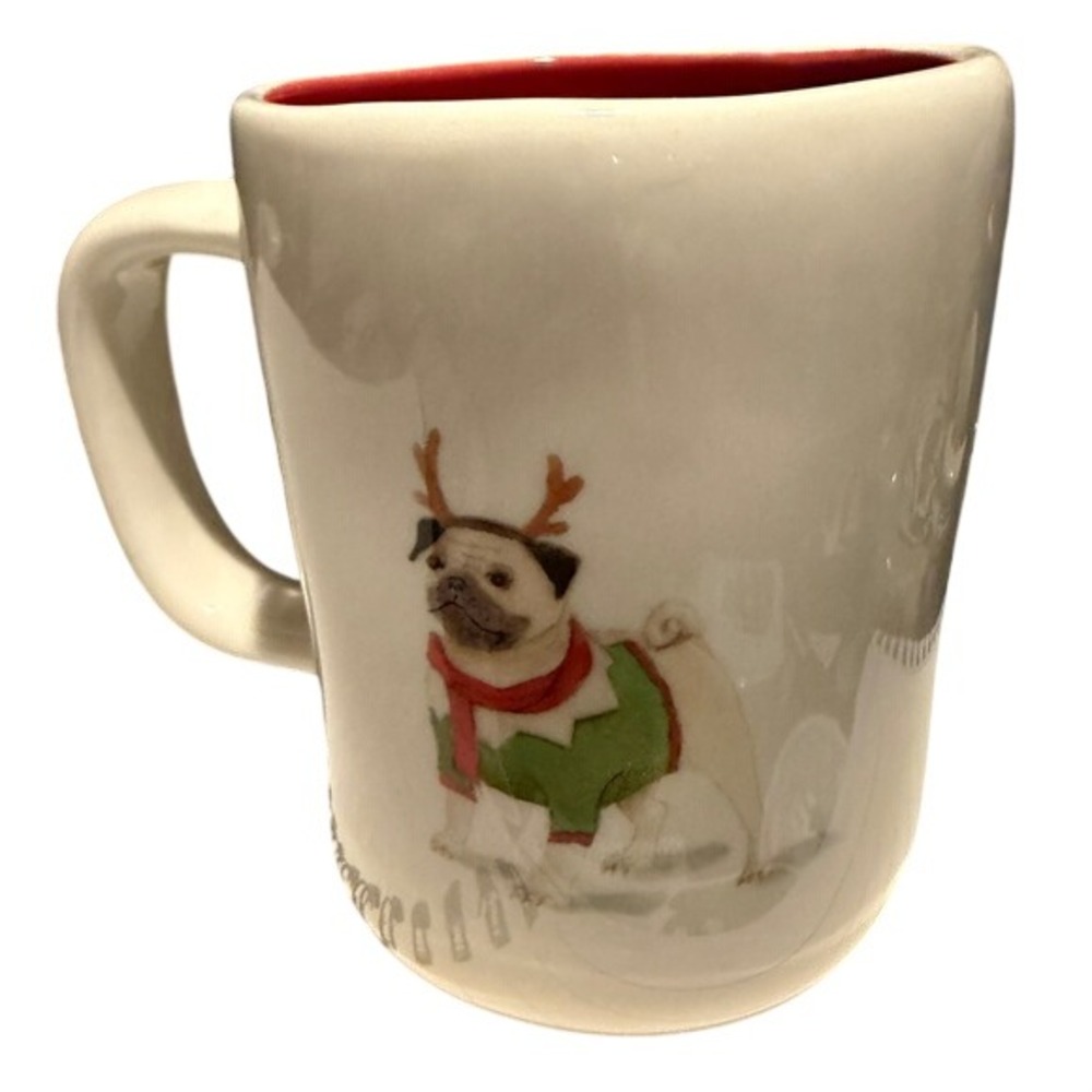 Rae Dunn Bah Humpug 16 oz White Red Christmas Reindeer Pug Ceramic Coffee Mug